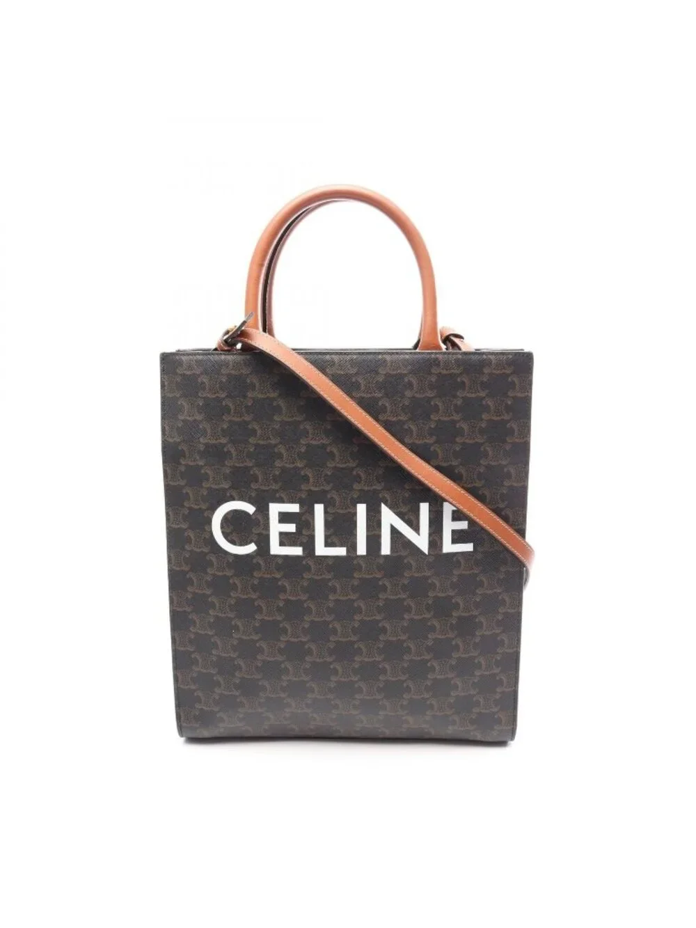 Celine Tote Bag Small Vertical Cabas Triomphe 2-Way Brown Black White Canvas